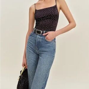 Reformation Isla Satin Top - Black & White Polka Dot